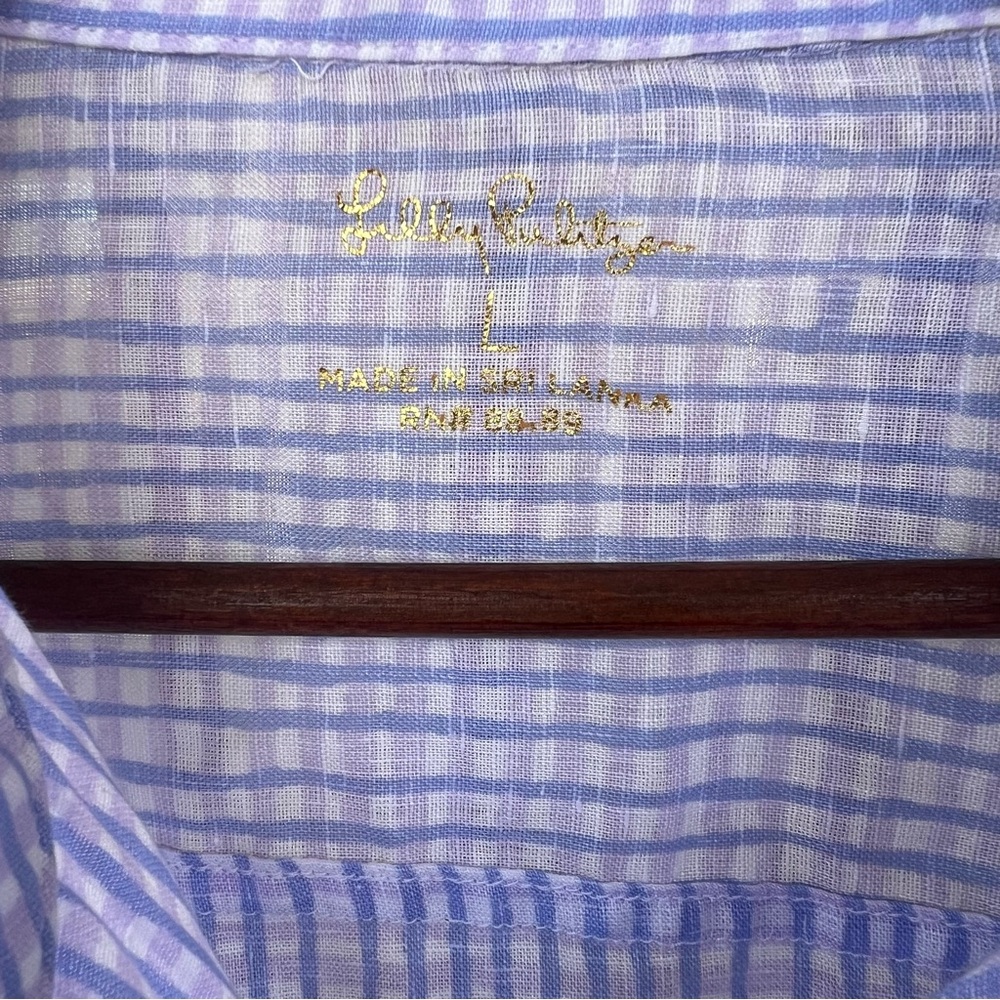 Lilly Pulitzer 100% Linen Button Down Shirt Women’s Purple Blue Plaid Size Large - Picture 3 of 15